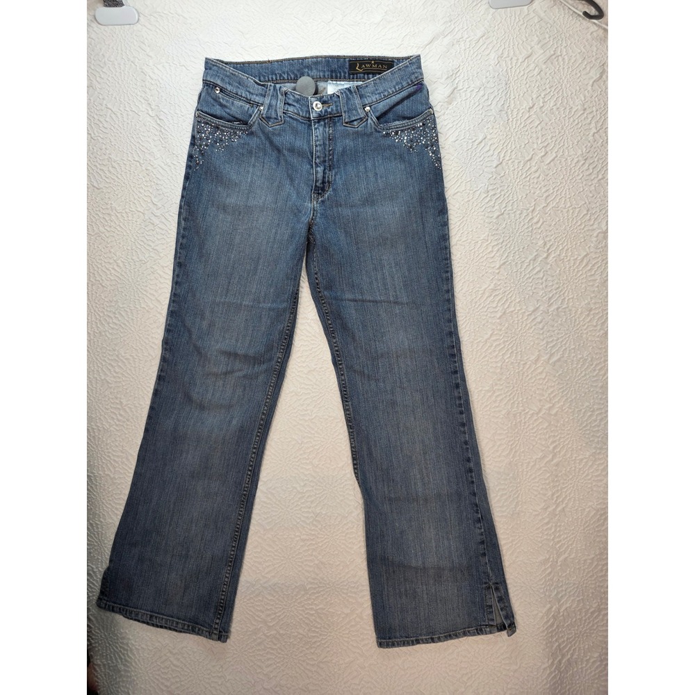 Lawman Western Jeans Womens 9 Blue Good Rhinestone Bootcut Side Slit Denim Pants